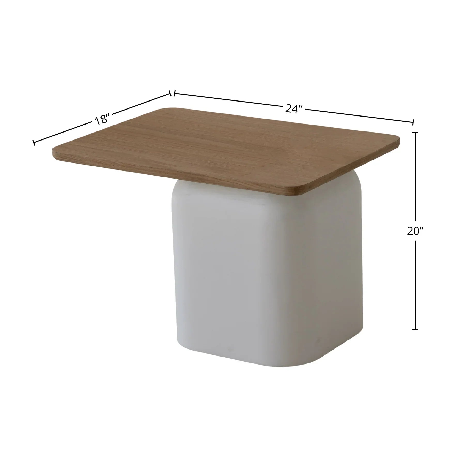 Sereno side table with natural wood rectangular top and white rounded pedestal base