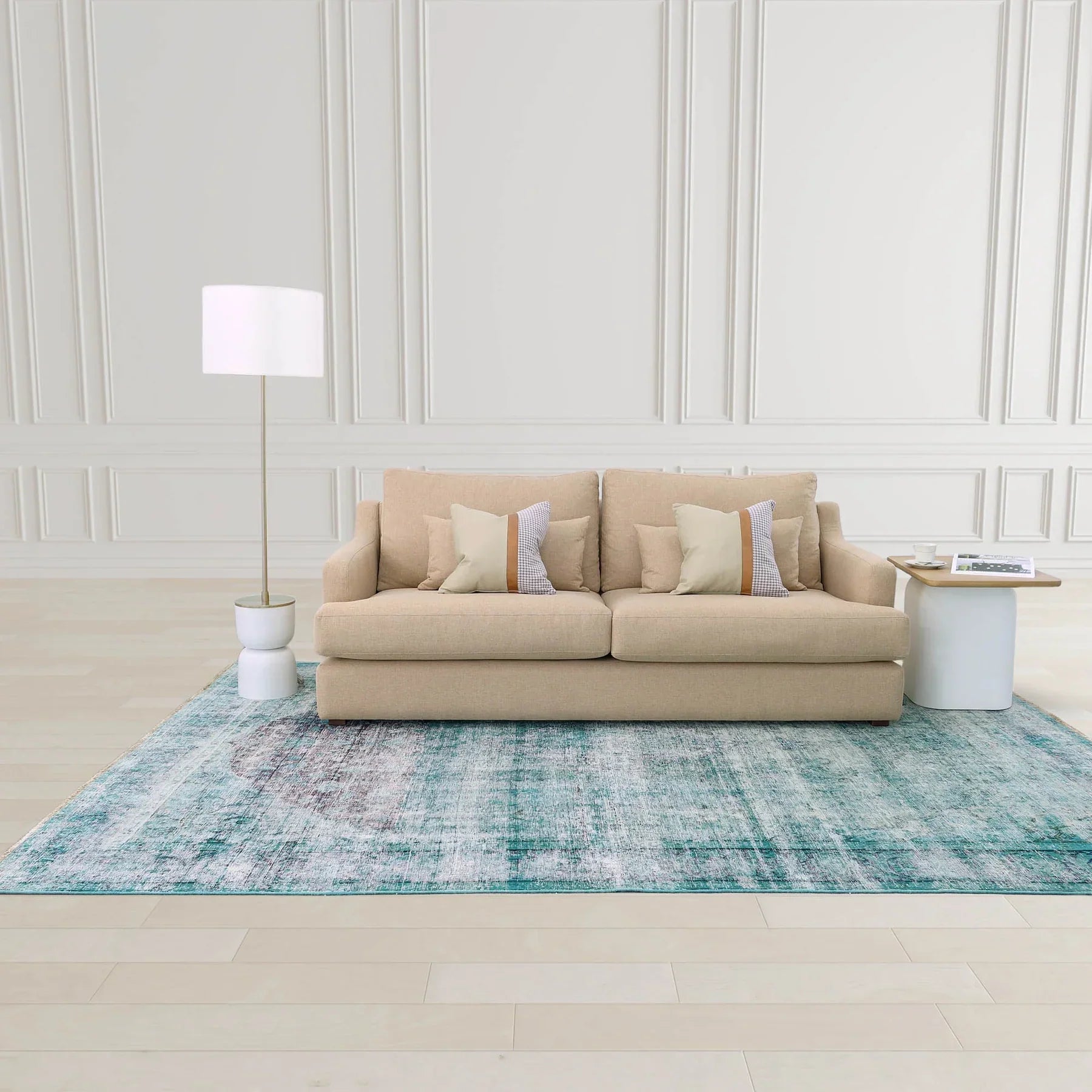 Sereno side table with natural wood rectangular top and white rounded pedestal base