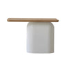 Side profile of Sereno table highlighting the cantilevered wood top and block base