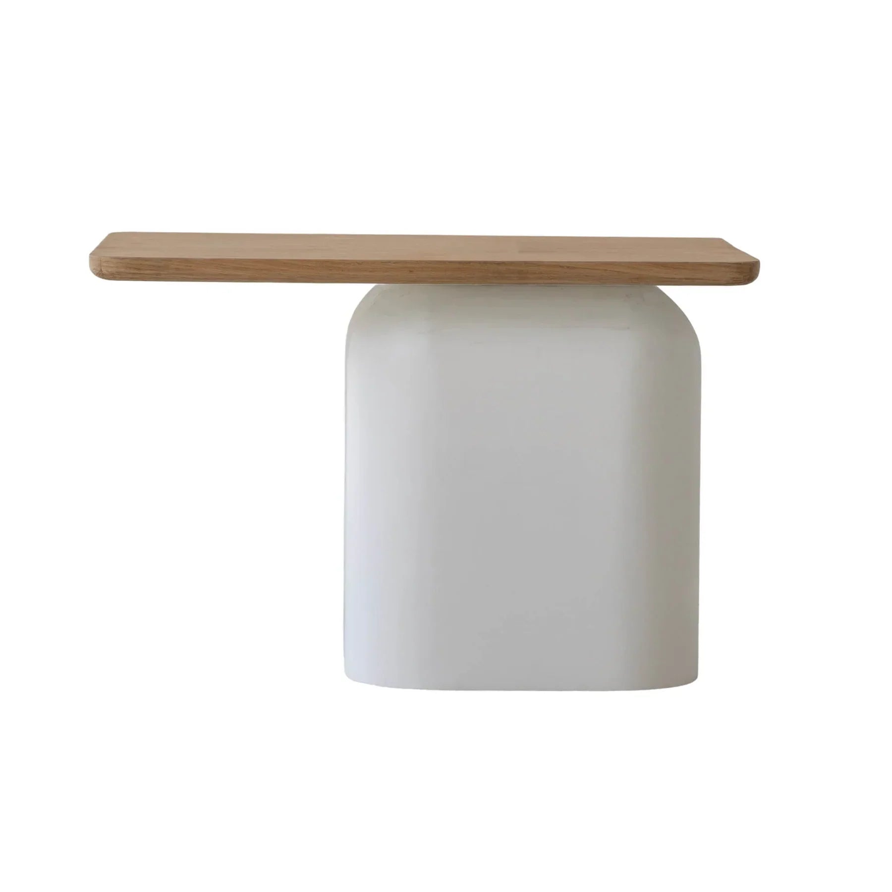 Sereno side table with natural wood rectangular top and white rounded pedestal base
