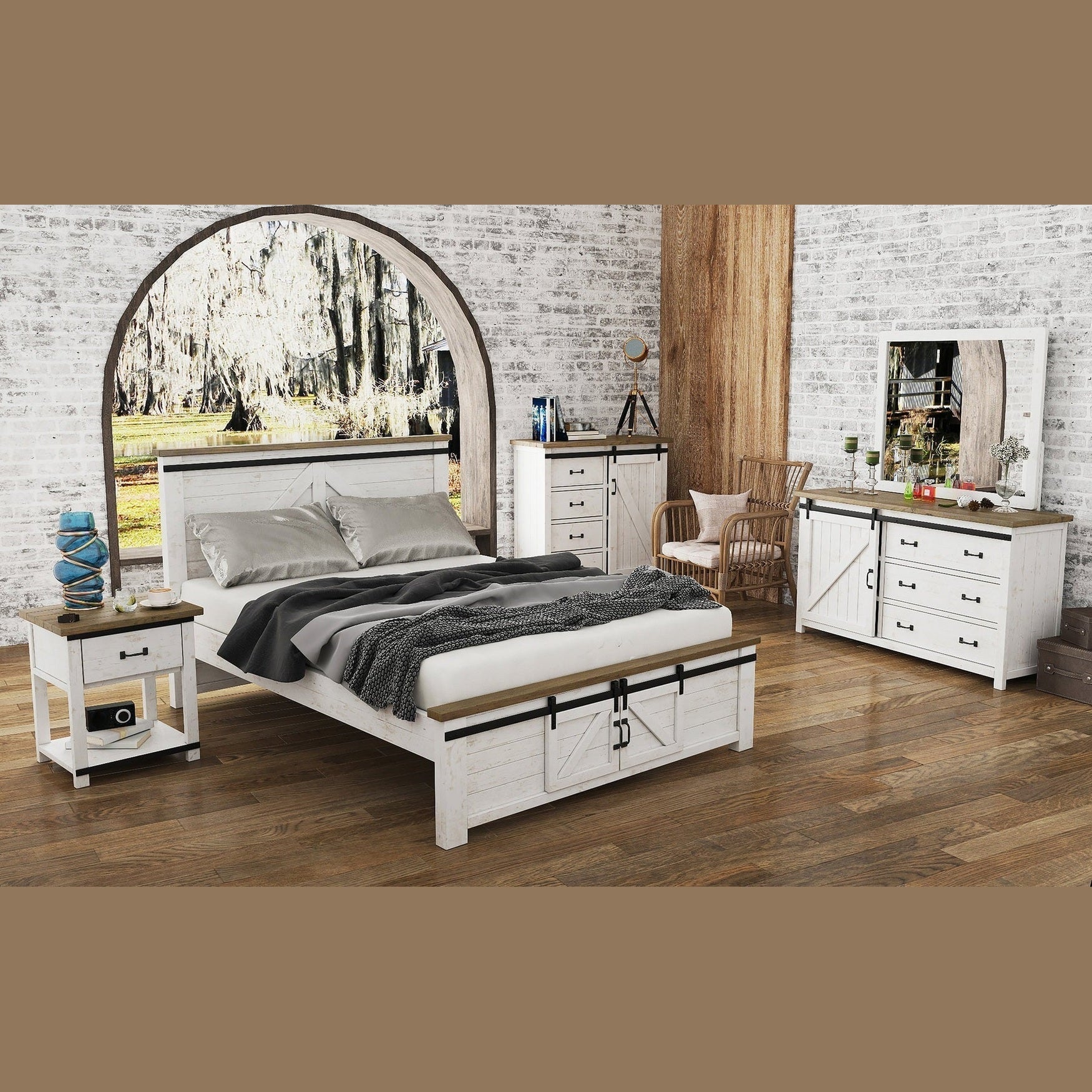 Lifestyle shot featuring the Provence bed in a rustic bedroom setting with matching white distressed case goods and a wooden arched window