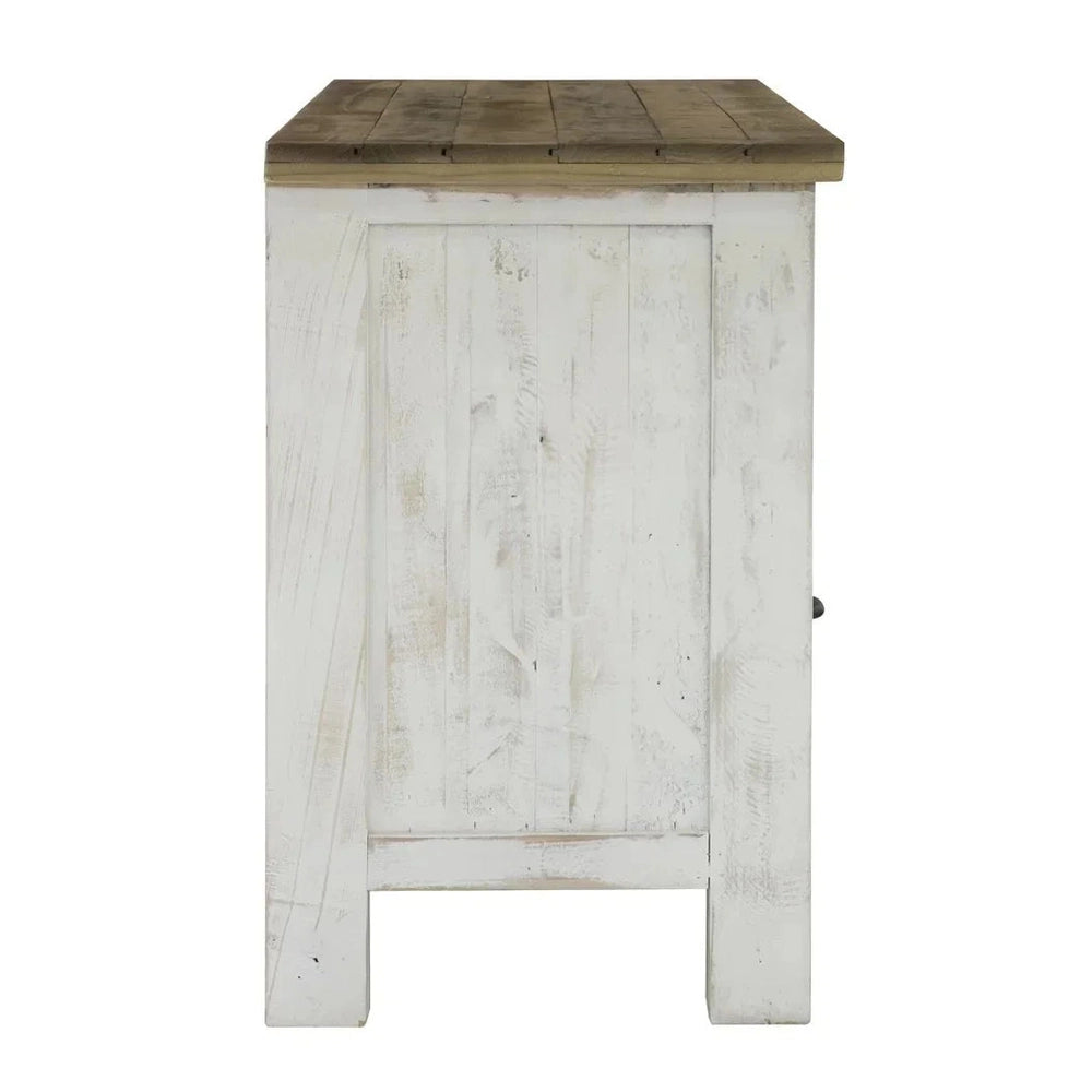 Side profile view showcasing the consistent distressed white finish and the sturdy architectural frame
