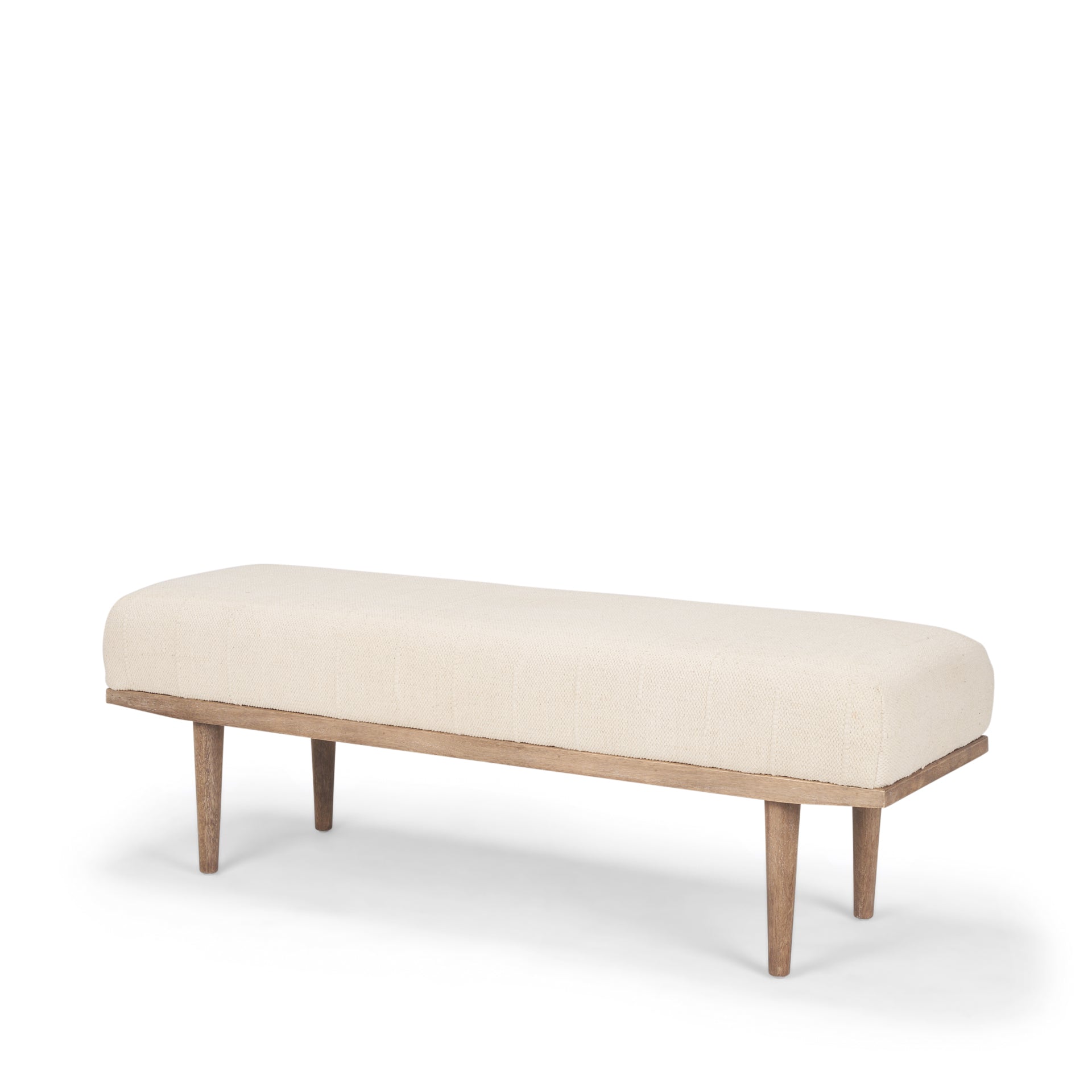 Front view of the Shae bench featuring a plush oatmeal-colored upholstered seat and a tapered brown wood frame