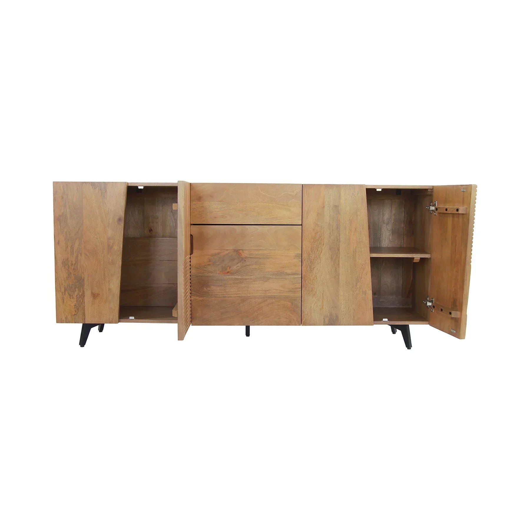 Front view of the Peyton sideboard featuring natural mango wood construction with unique geometric carved door panels and black metal legs