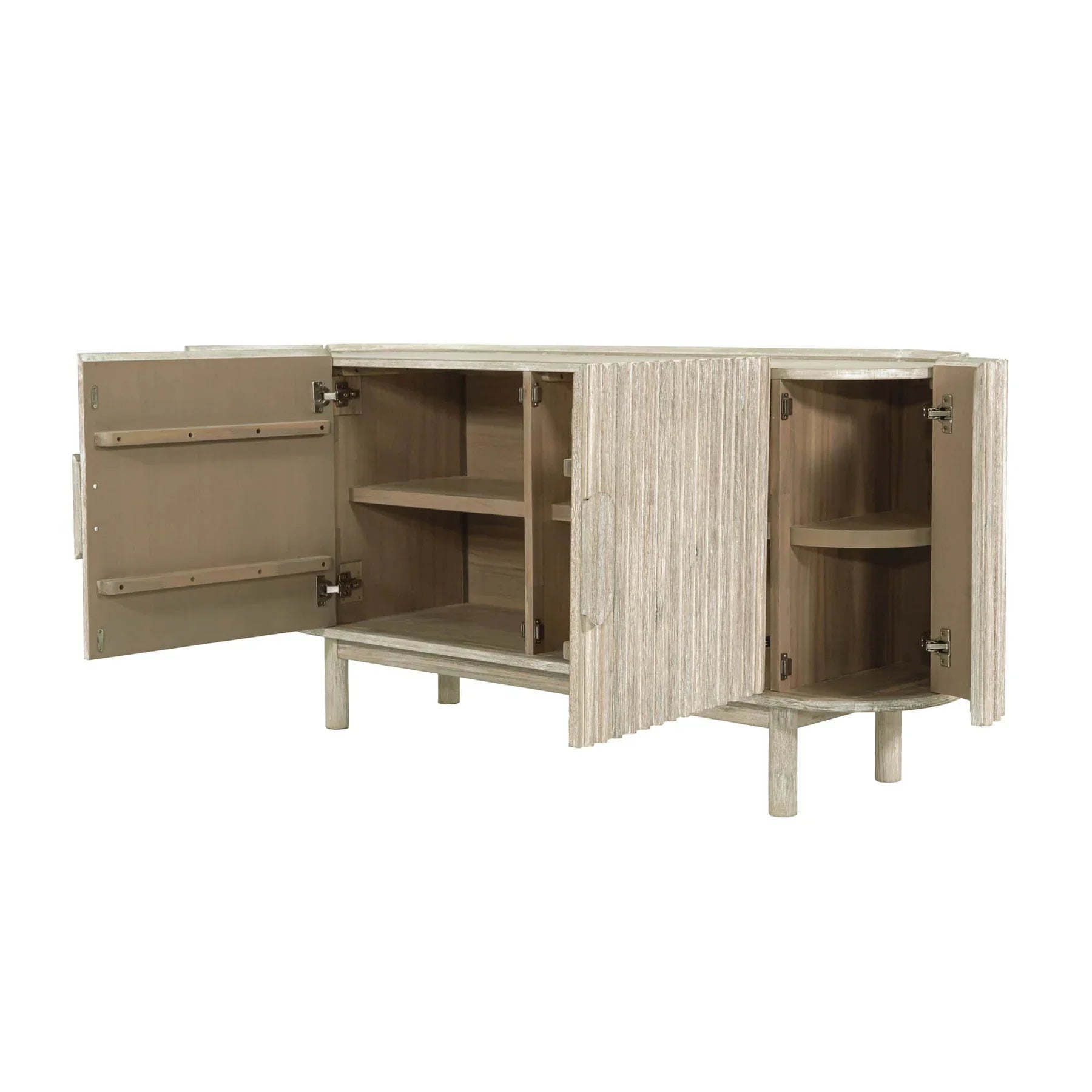 Front perspective view of the Oasis 4-door sideboard featuring a light oak finish, rounded corners, and vertical matte black metal handles