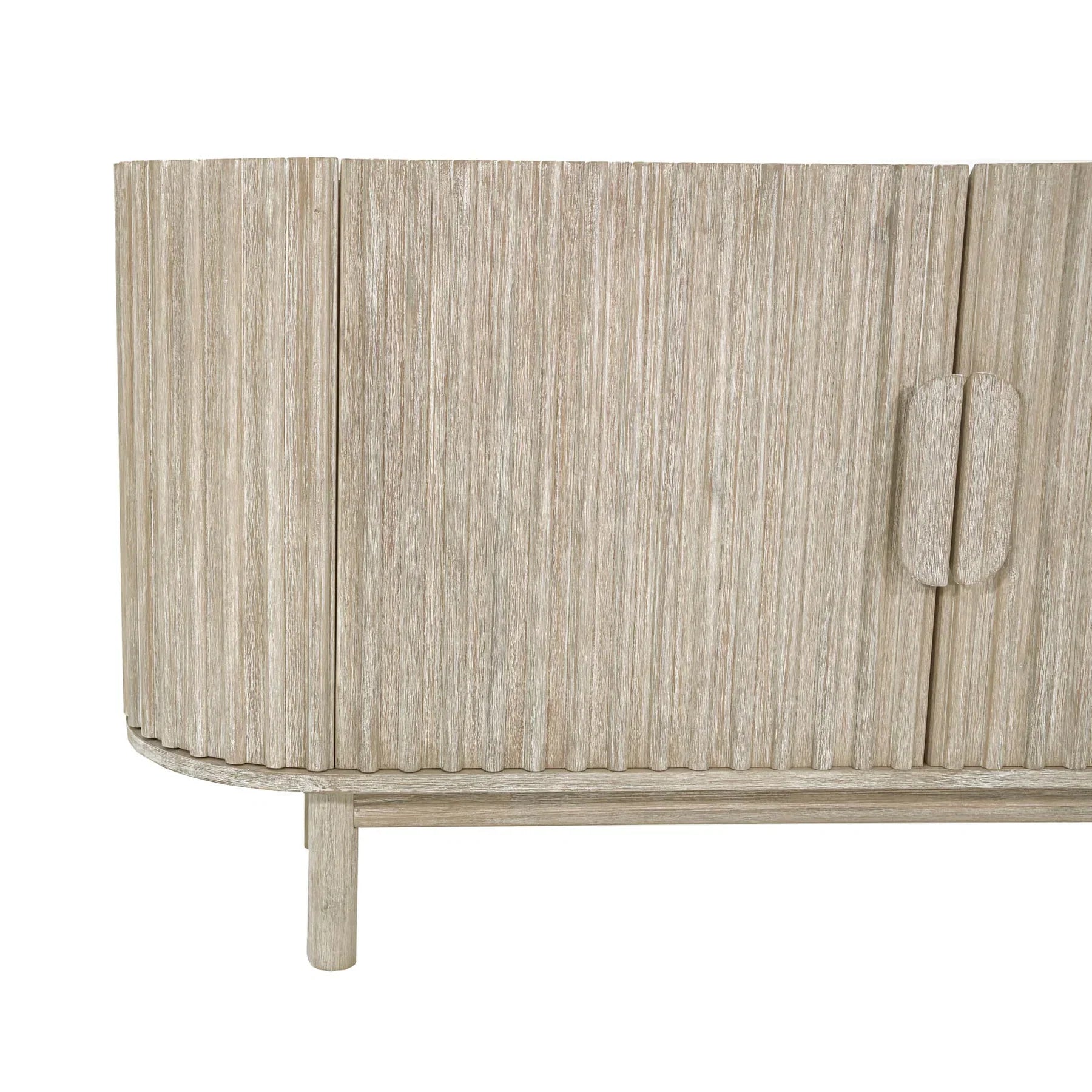 Front perspective view of the Oasis 4-door sideboard featuring a light oak finish, rounded corners, and vertical matte black metal handles