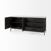 View of the sideboard with one door and drawers open to show the spacious internal storage and hardware