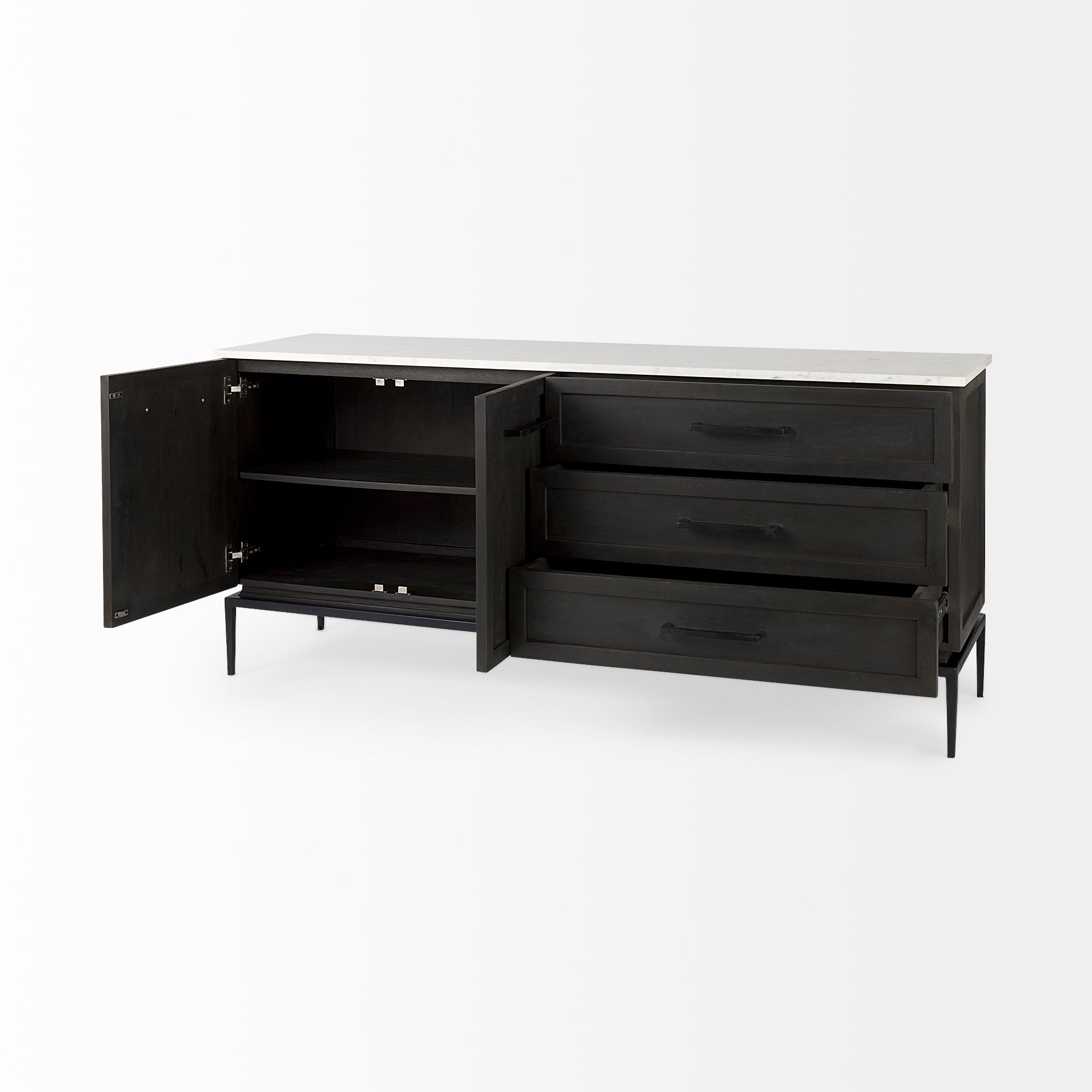 Front perspective view of the Gemma sideboard featuring a dark charcoal wood finish, a white marble top, and slim black metal legs