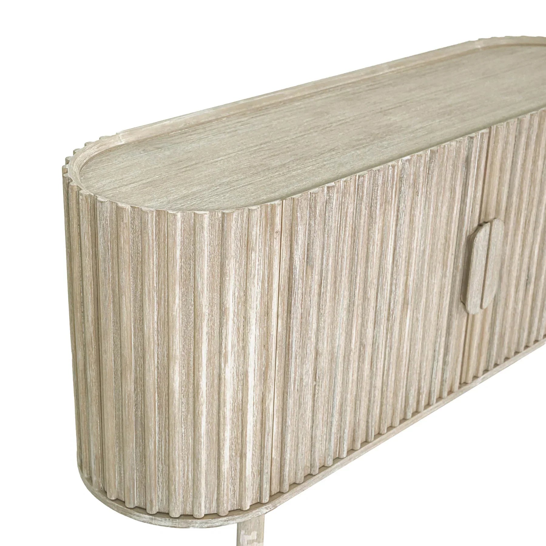 Front perspective view of the Oasis 4-door sideboard featuring a light oak finish, rounded corners, and vertical matte black metal handles