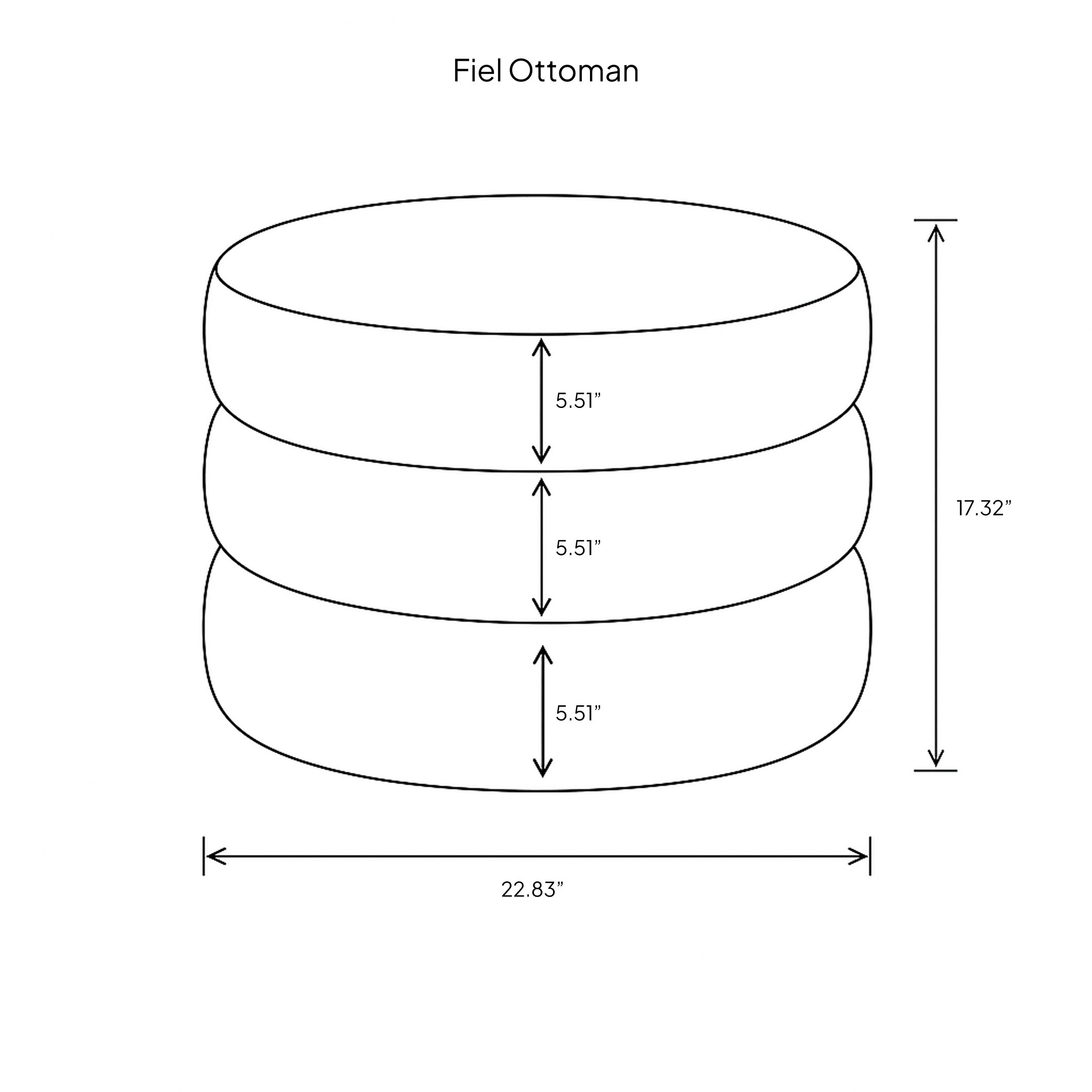 Technical line drawing showing the height and width dimensions for the Siel triple-stacked upholstered ottoman