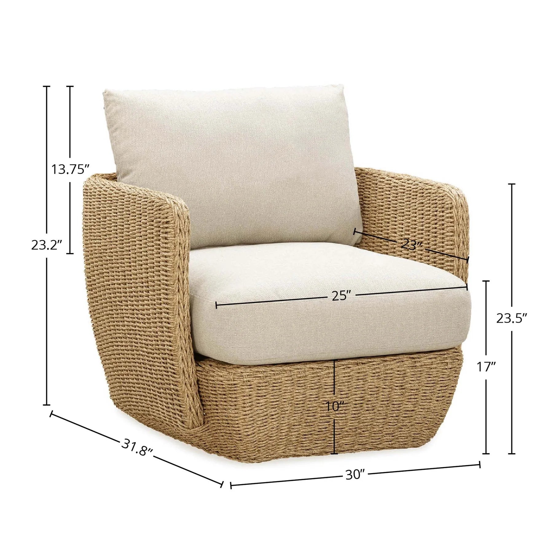 Technical specification image showing the height width and depth dimensions for the Siesta wicker lounge chair
