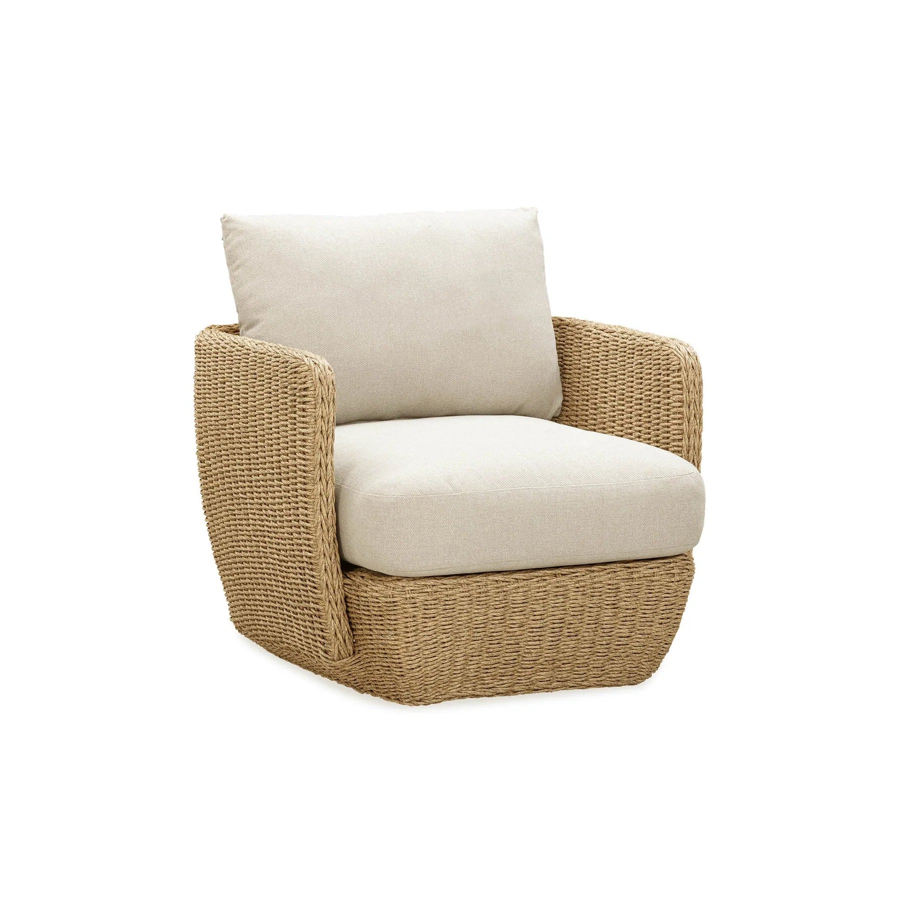 Three-quarter perspective showcasing the high backrest and the high-quality synthetic wicker weave texture