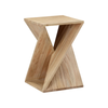Front view of the Silhouette side table featuring a distinctive twisted sculptural design crafted from solid mindi wood in a warm natural finish