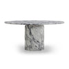 Front view of the Sille round dining table featuring a high-gloss purple and white marble foil top with a matching cylinder pedestal base