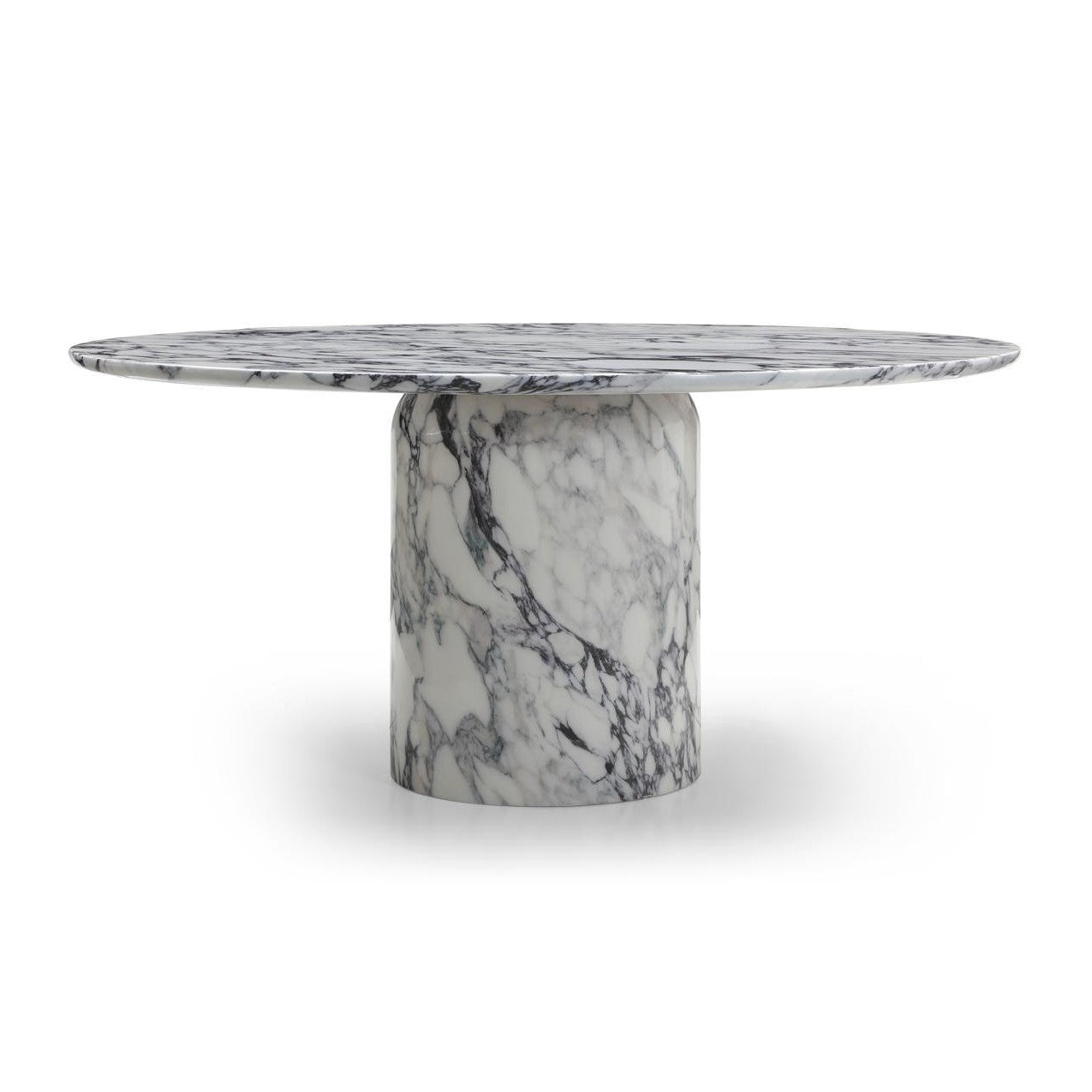 Front view of the Sille round dining table featuring a high-gloss purple and white marble foil top with a matching cylinder pedestal base
