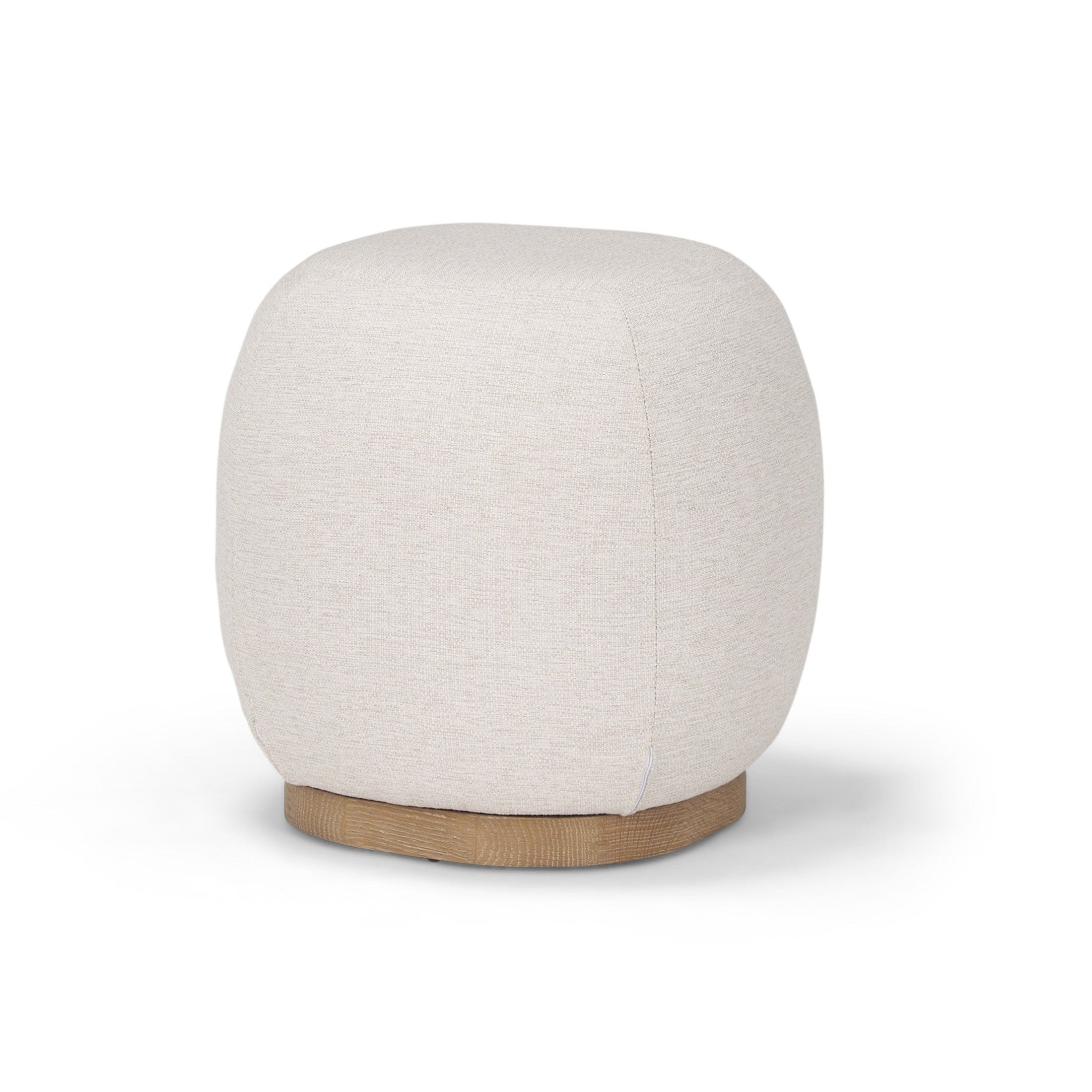 Front three-quarter view of the Siren round accent stool featuring cream textured fabric and a light brown wood base