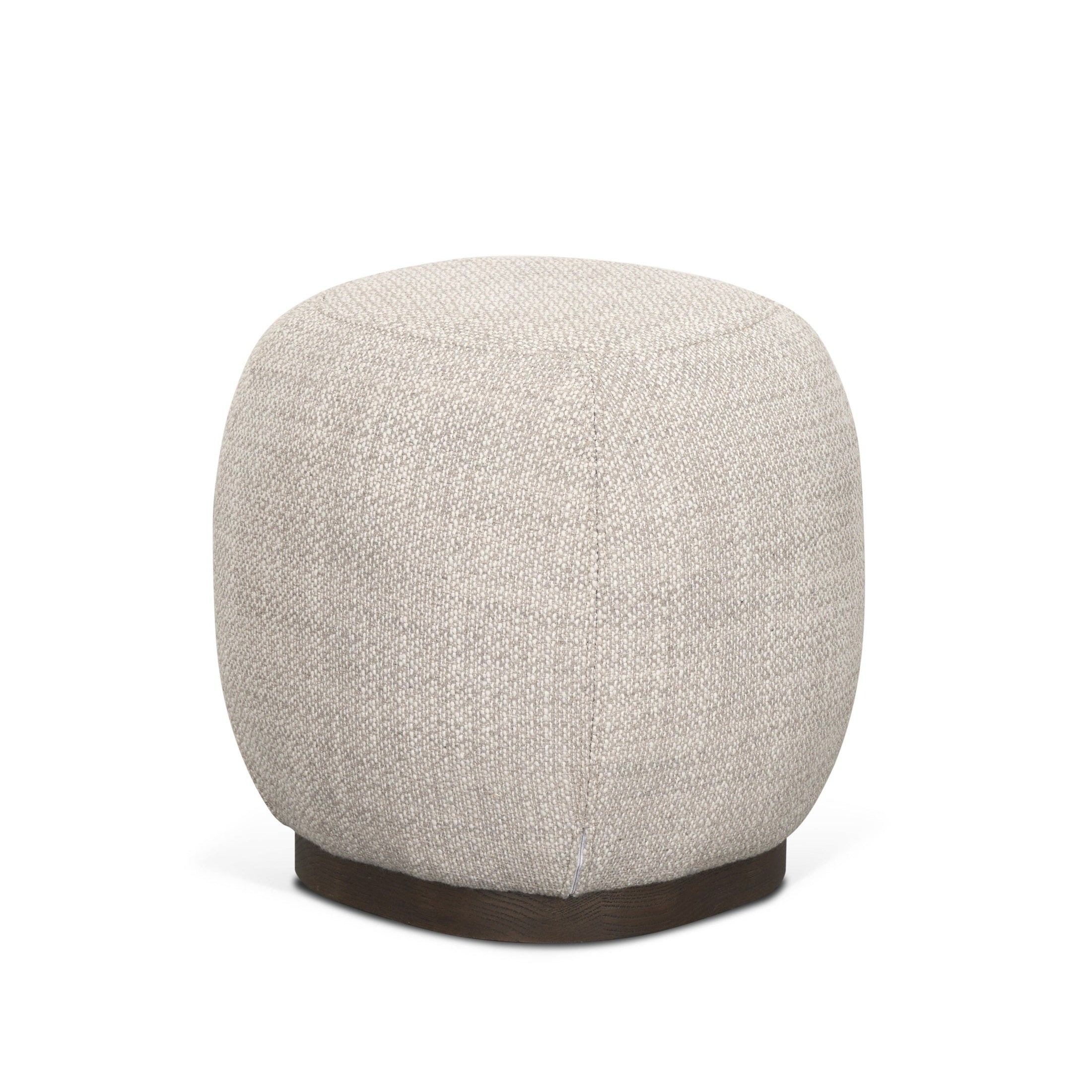 Front three-quarter view of the Siren round accent stool featuring cream textured fabric and a light brown wood base