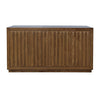 Front perspective view of the Skap 4-door sideboard in a dark oak finish featuring vertical fluted door panels and a matching plinth base