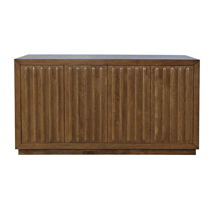 Front perspective view of the Skap 4-door sideboard in a dark oak finish featuring vertical fluted door panels and a matching plinth base