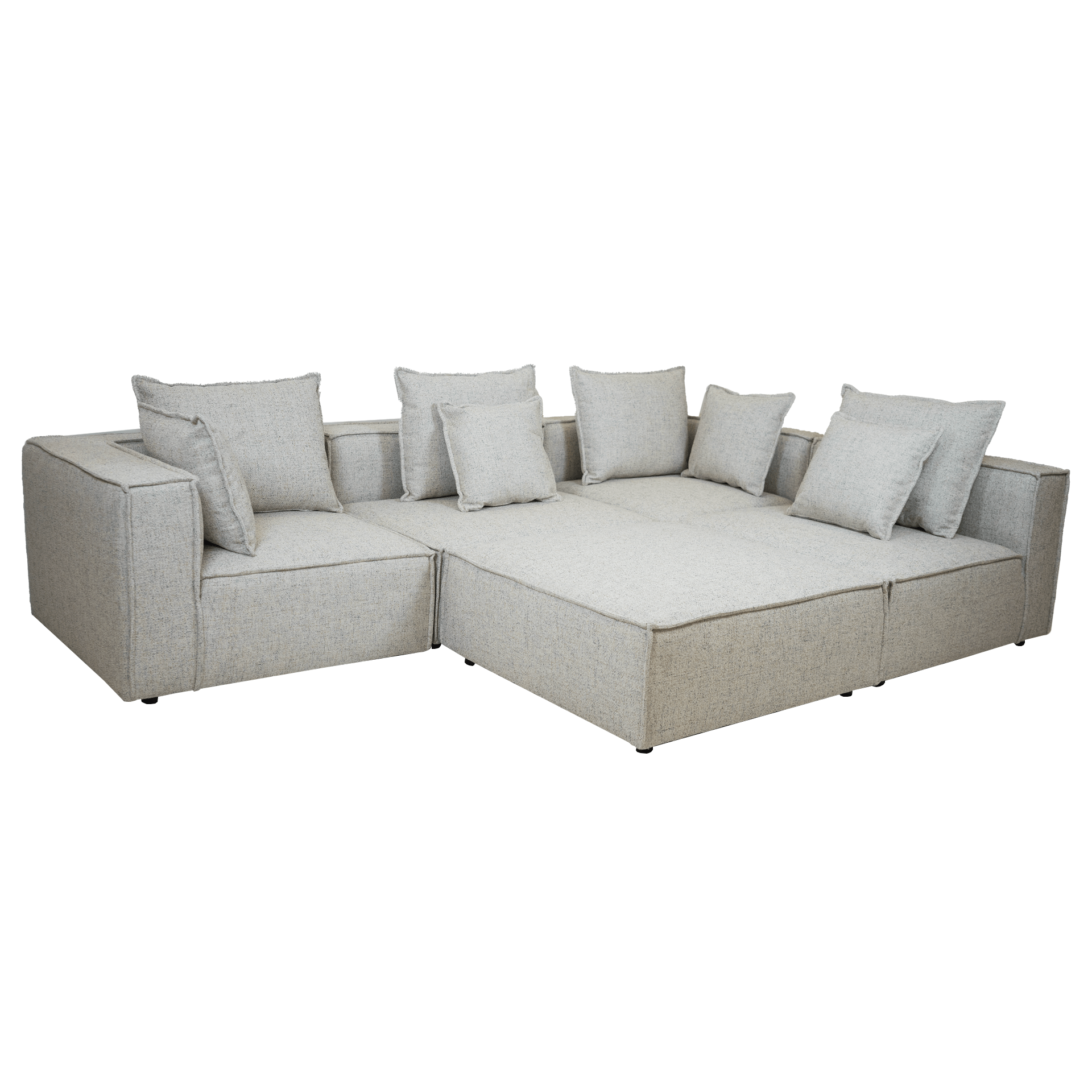 Full view of the Skive 5 Piece Modular Set in Quartz grey fabric featuring multiple matching back pillows