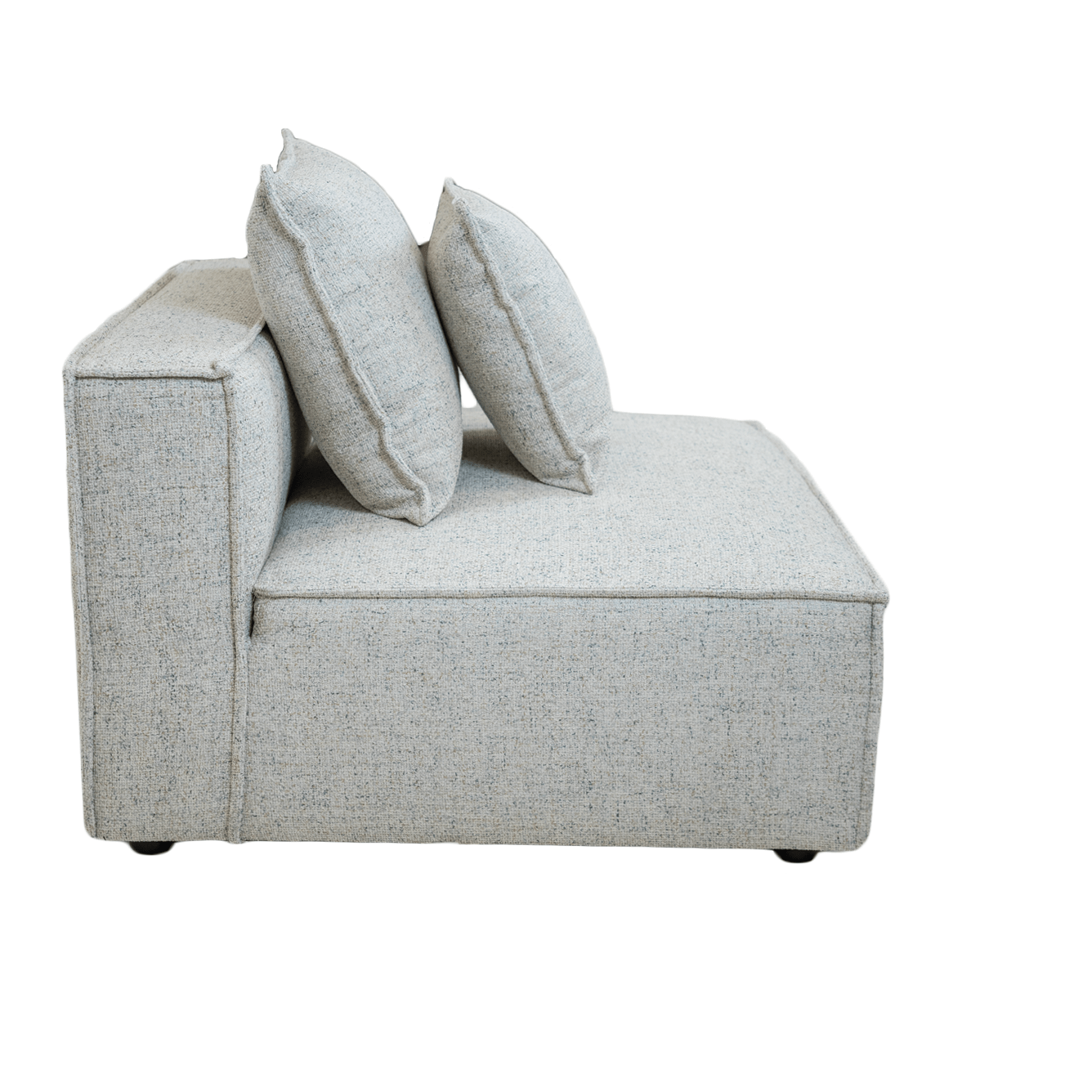 Full view of the Skive 5 Piece Modular Set in Quartz grey fabric featuring multiple matching back pillows