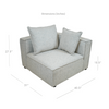 Product dimensions diagram for the Skive corner modular unit featuring depth and height specs