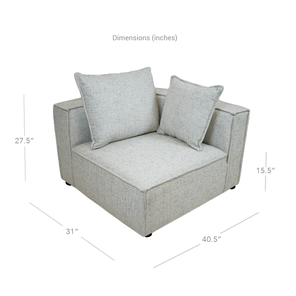 Full view of the Skive 5 Piece Modular Set in Quartz grey fabric featuring multiple matching back pillows