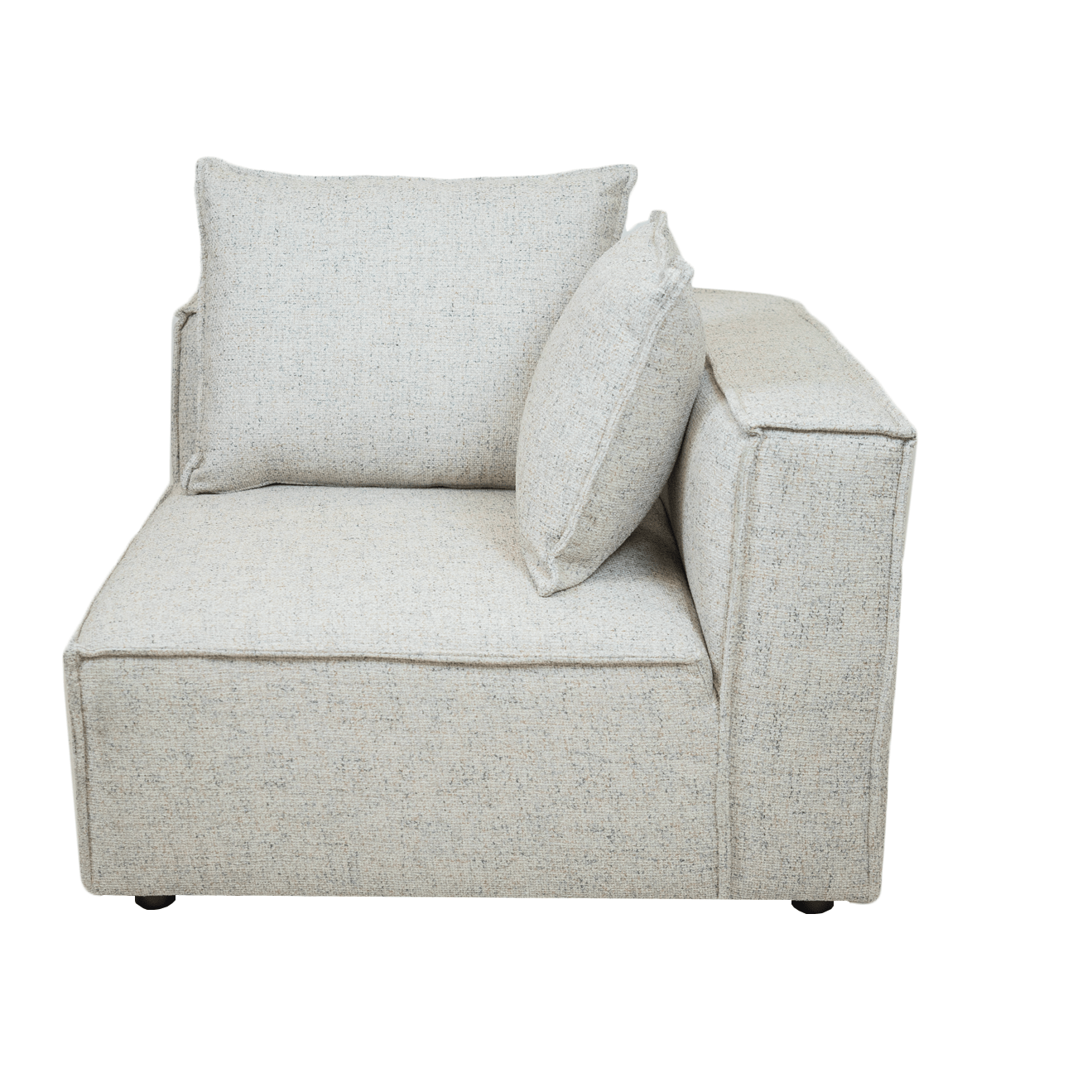 Full view of the Skive 5 Piece Modular Set in Quartz grey fabric featuring multiple matching back pillows