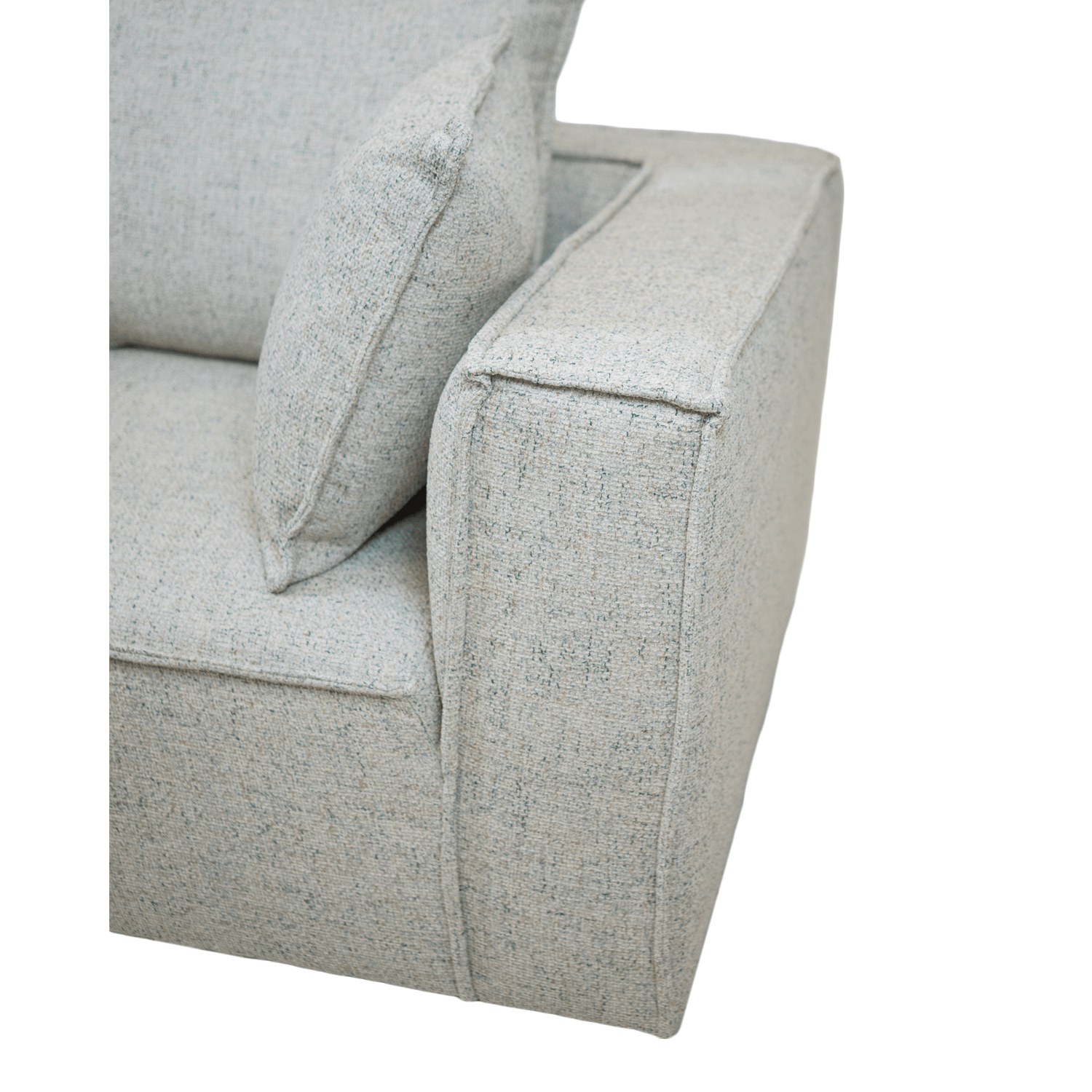 Full view of the Skive 5 Piece Modular Set in Quartz grey fabric featuring multiple matching back pillows