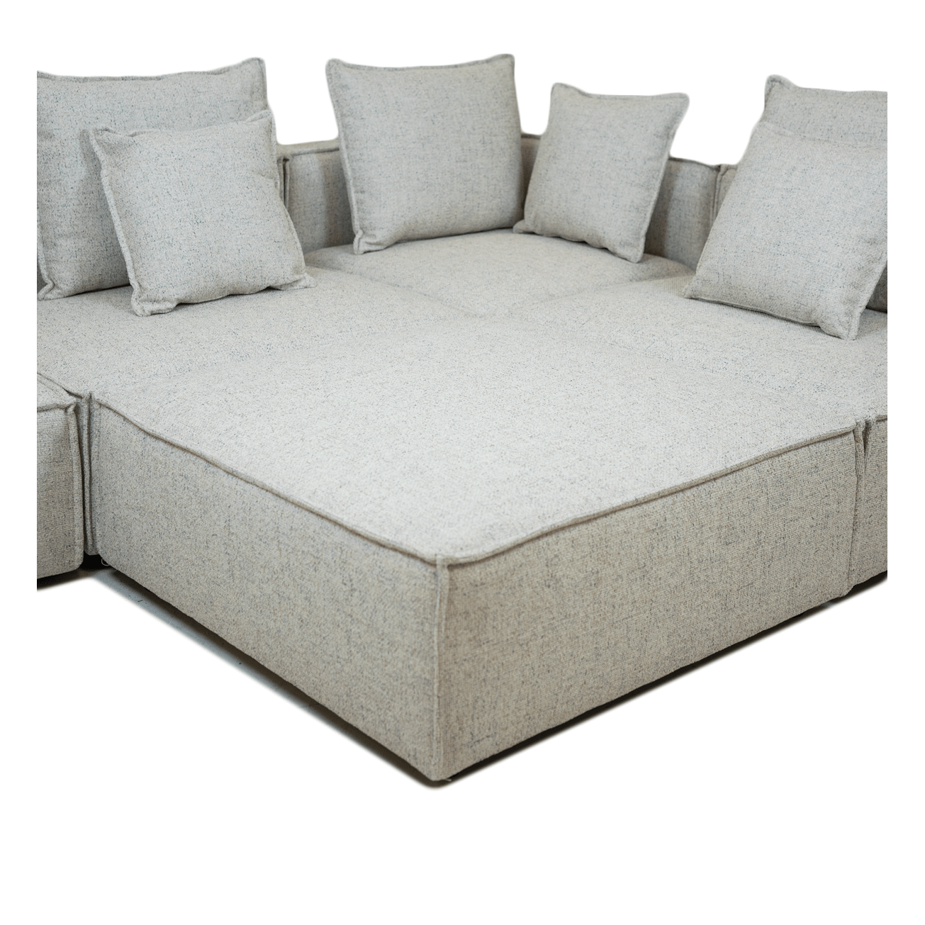 Full view of the Skive 5 Piece Modular Set in Quartz grey fabric featuring multiple matching back pillows