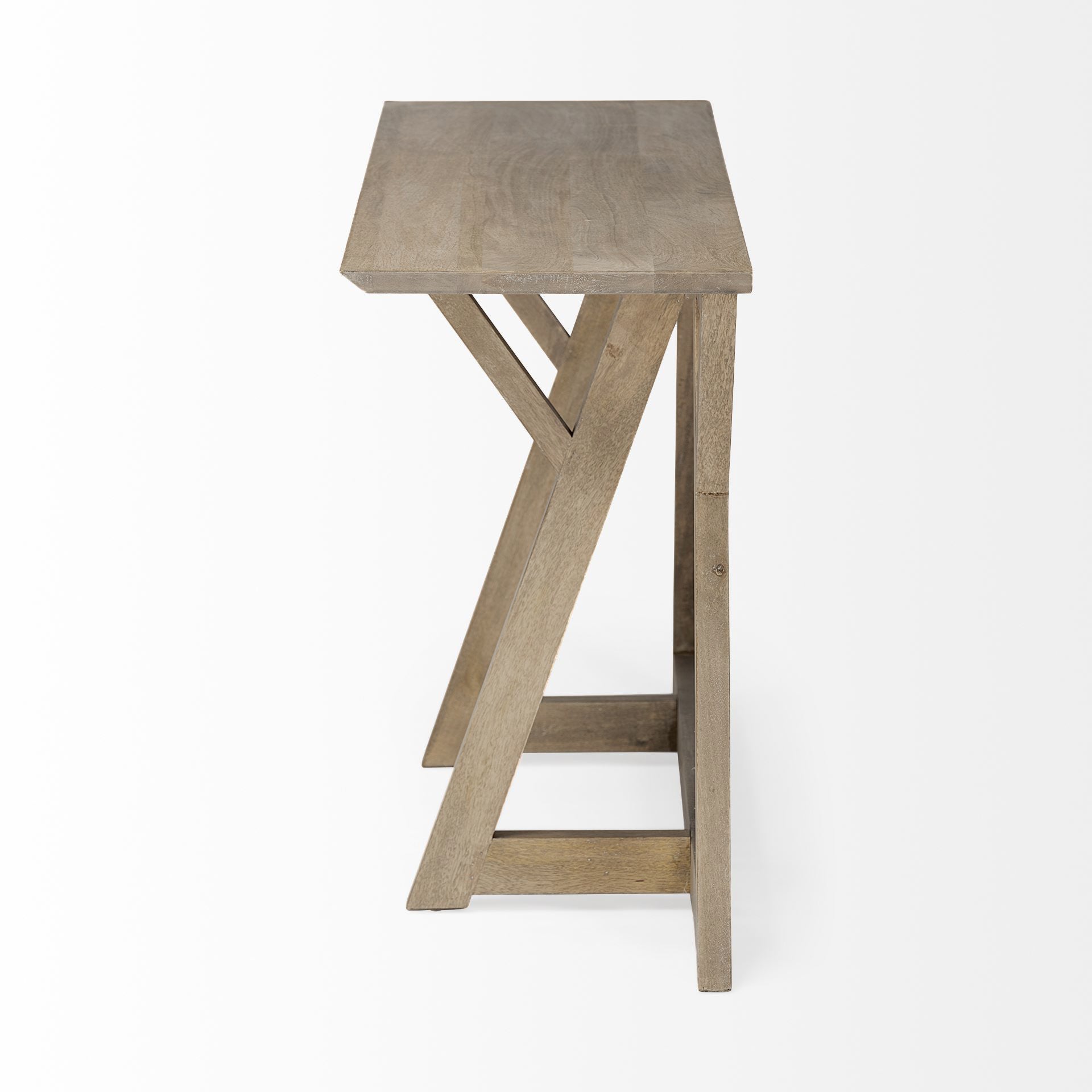 Front view of the Jennings console table in brown wood featuring a minimalist architectural design with unique Y-shaped legs
