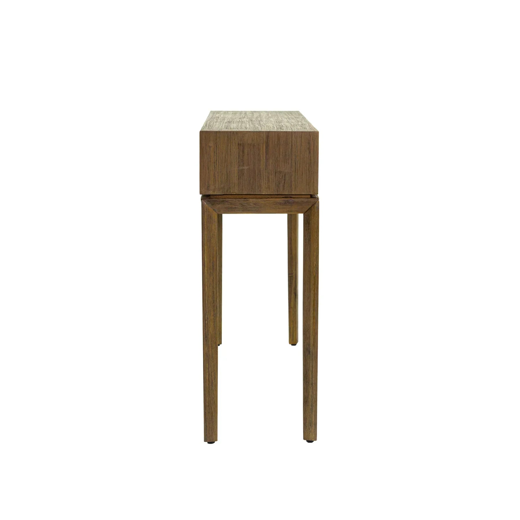 Front view of the West console table in a rich wood finish featuring a slim architectural frame, an integrated drawer with fluted texture, and an open storage cubby