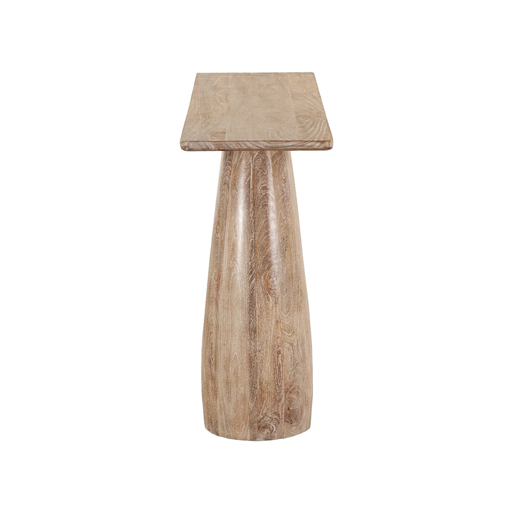 Front view of the Truffle console table in natural light mango wood featuring two large architectural pillar-style legs