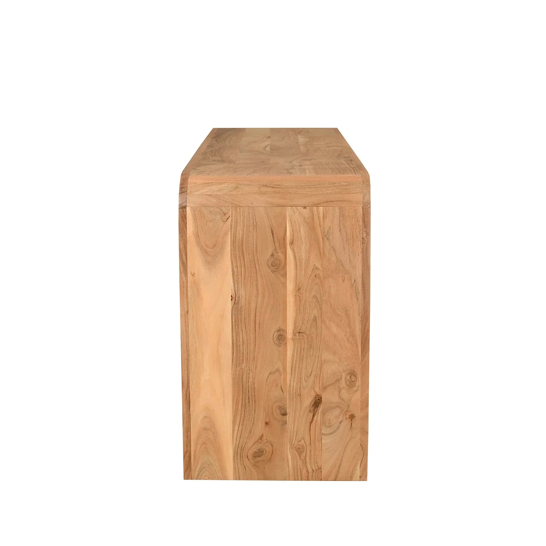 Side profile view showcasing the deep natural wood frame and the clean vertical silhouette of the curved support legs