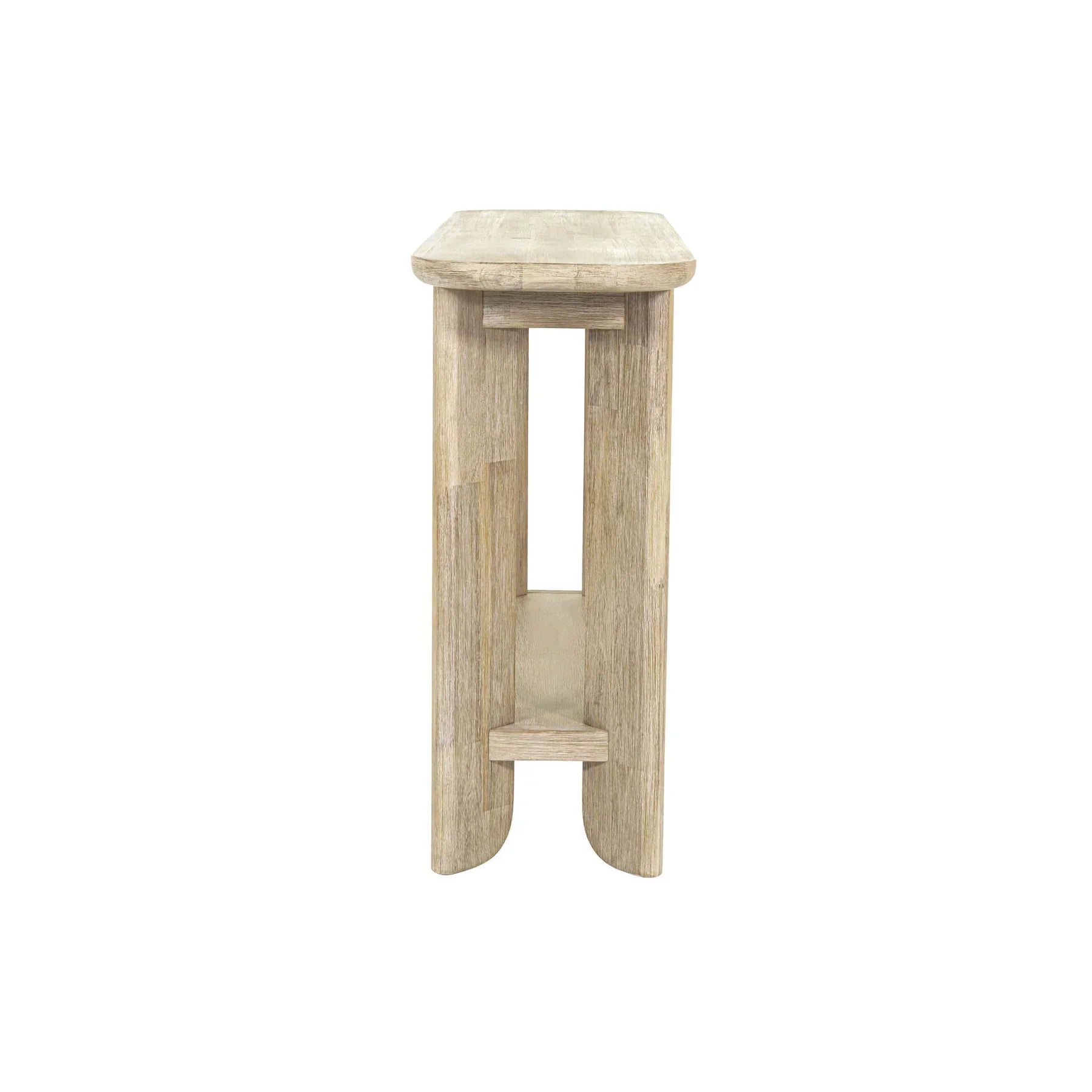 Straight-on front view of the Haru console table featuring a minimalist architectural design in whitewash solid wood
