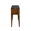 Side profile view showcasing the deep wood frame and the clean vertical lines of the architectural support legs