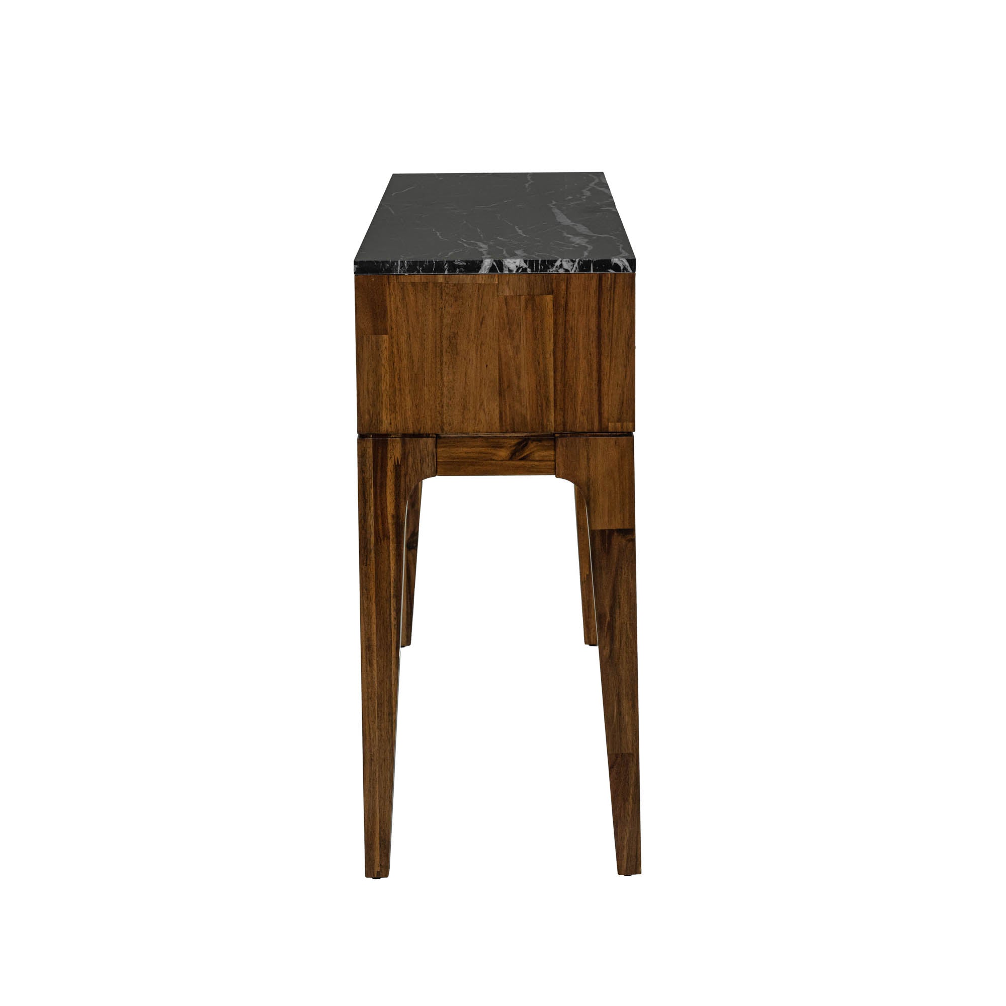 Front view of the Allure console table featuring a warm solid wood frame, two storage drawers with gold handles, and a premium black marble top