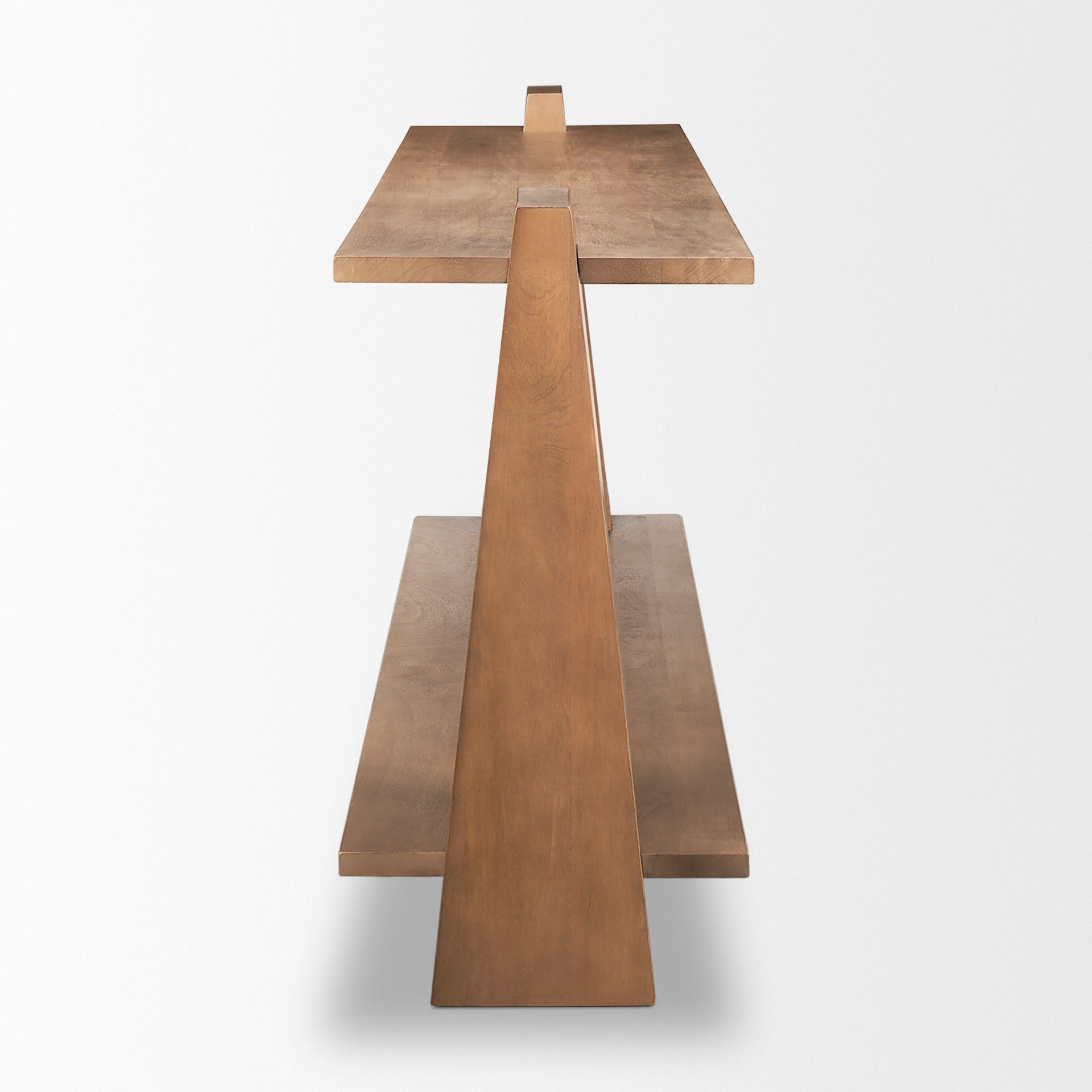 Side profile view showcasing the unique flared leg silhouette and narrow depth of the architectural display table