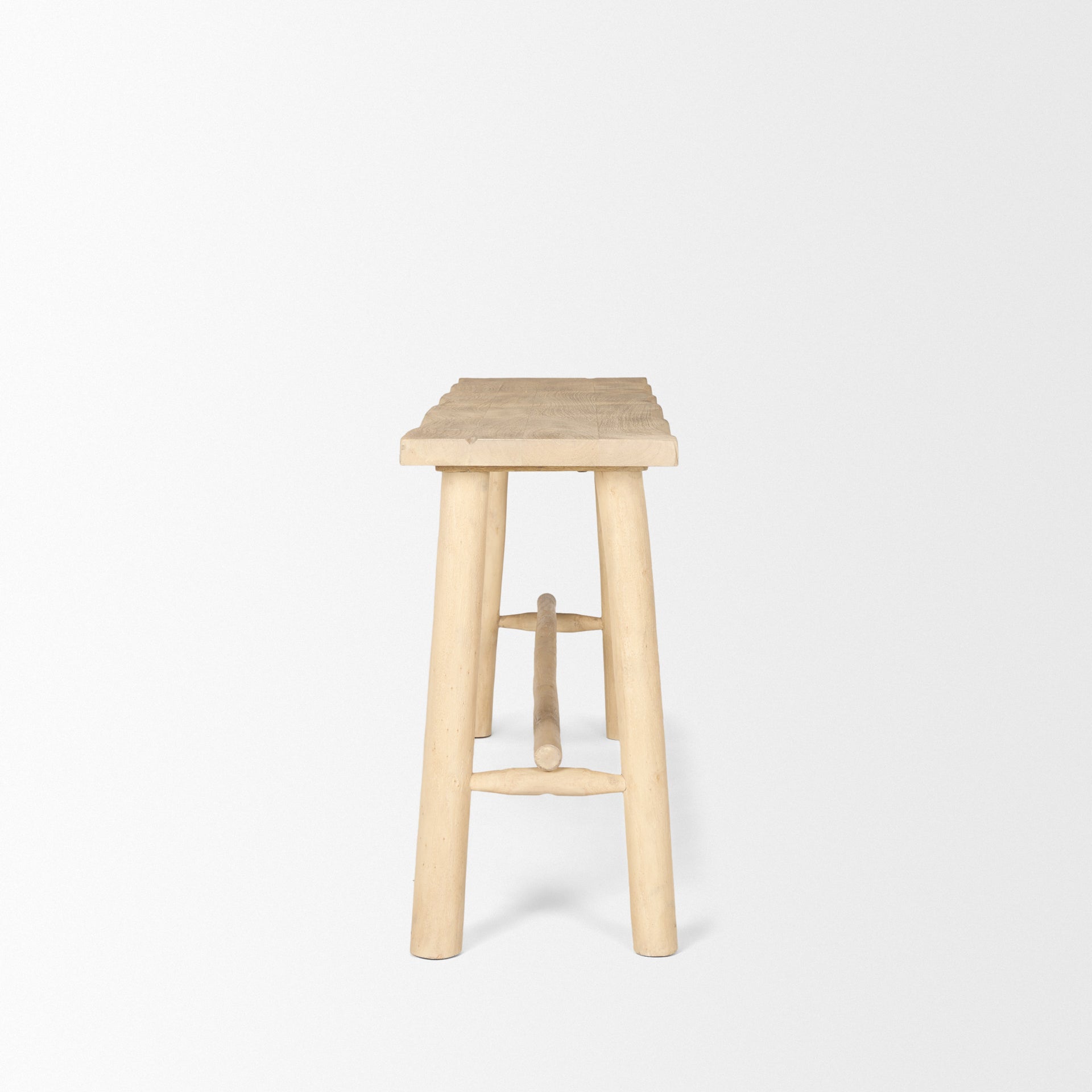 Front view of the Sekou console table in light brown natural wood featuring a minimalist craftsman design and organic tapered legs