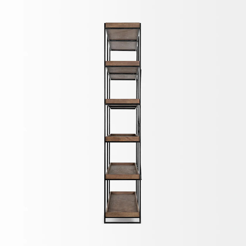 Perspective view of the Trey IV double-wide shelving unit featuring five tiers of medium brown wood trays on a slim black iron frame
