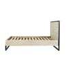 Side profile view showcasing the clean architectural lines of the headboard and the open rectangular metal base