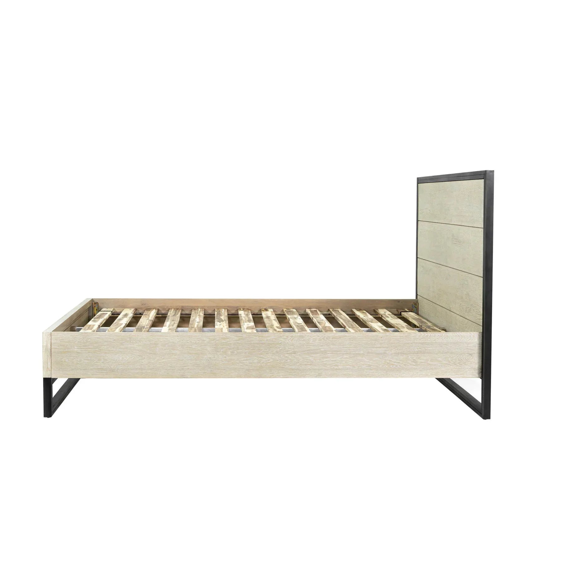 Side profile view showcasing the clean architectural lines of the headboard and the open rectangular metal base