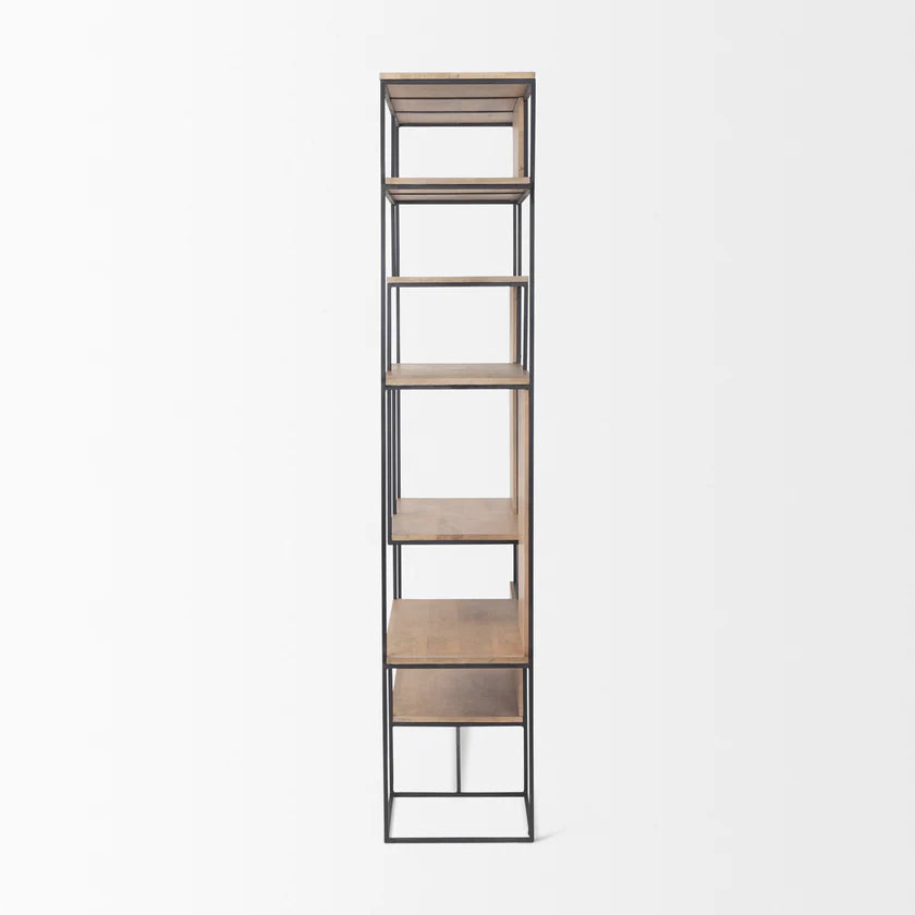 Perspective view of the Morris 6-tier shelving unit featuring a black metal frame and light brown wood shelves in an asymmetrical layout