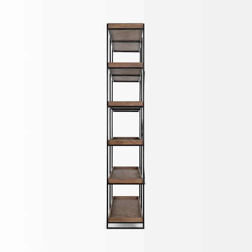 Perspective view of the Trey IV double-wide shelving unit featuring five tiers of rustic wood trays on a slim black metal frame
