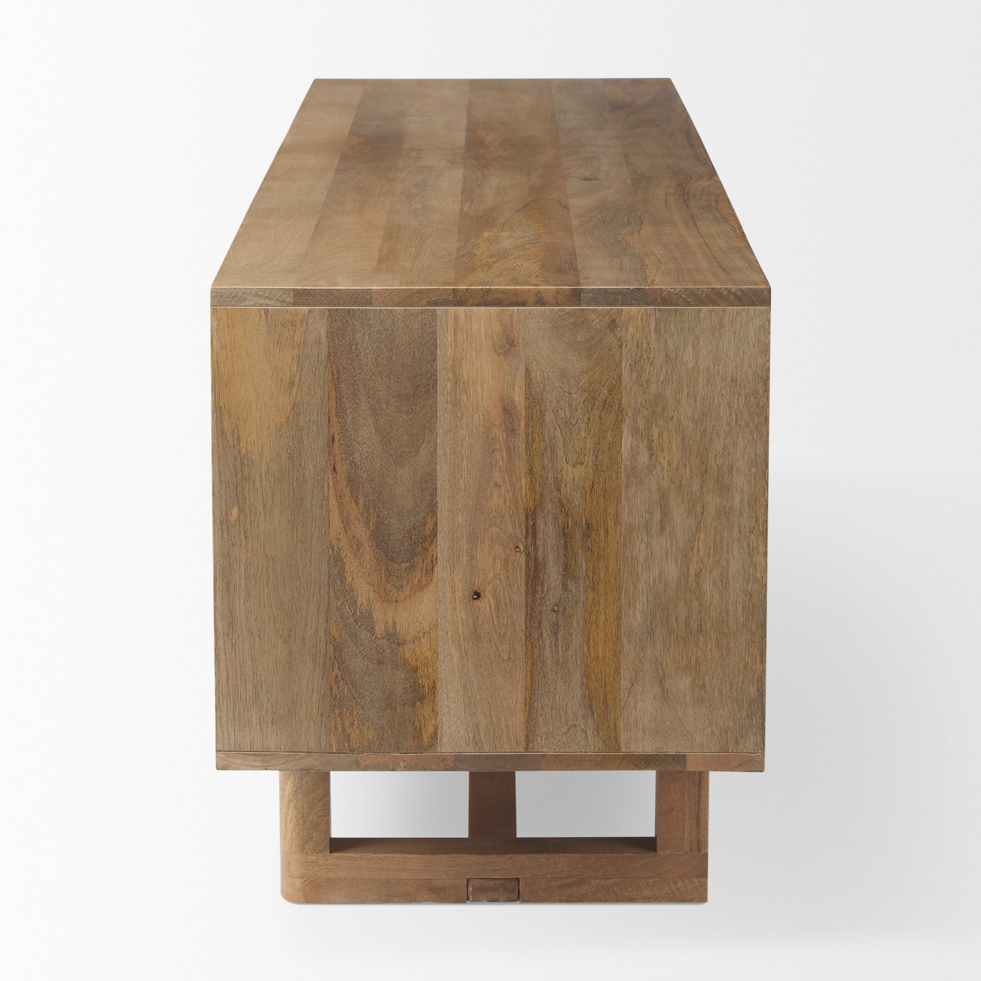 Side profile view showcasing the deep natural wood frame and the architectural footprint of the solid wood base