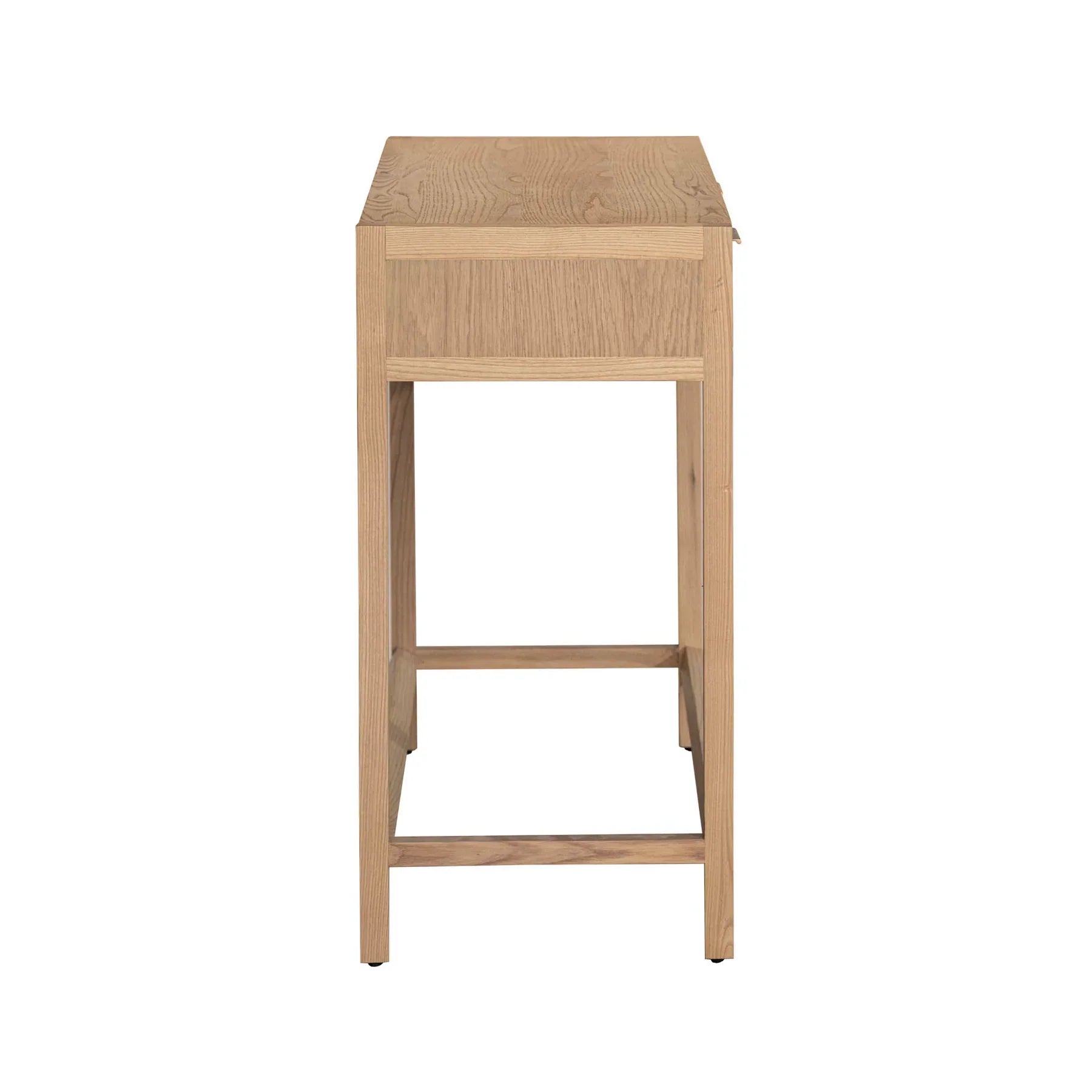 Straight-on front view of a minimalist natural oak console table featuring two drawers with light-colored woven rattan cane inserts