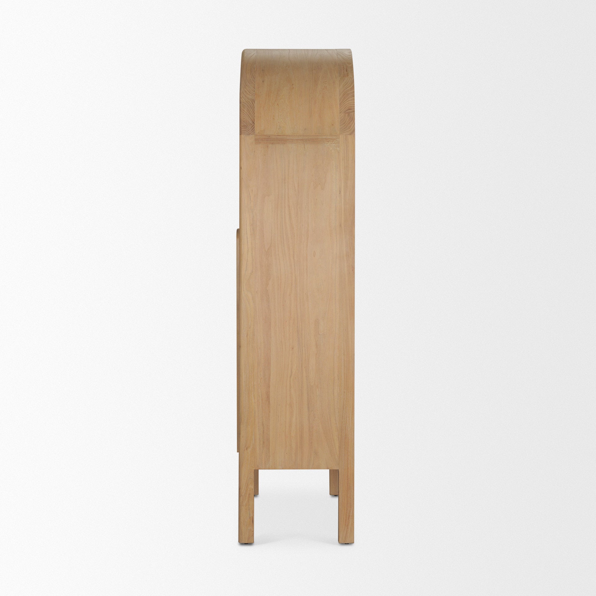 Front view of the Callum arched cabinet featuring light brown elm wood construction and tall glass double doors