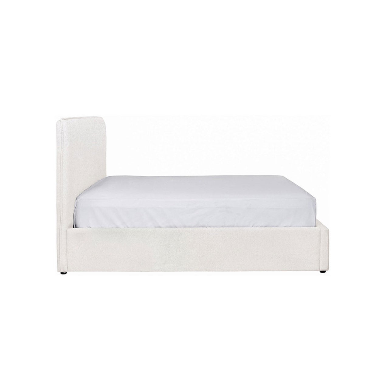 Front view highlighting the soft textured upholstery and the clean architectural lines of the bed frame