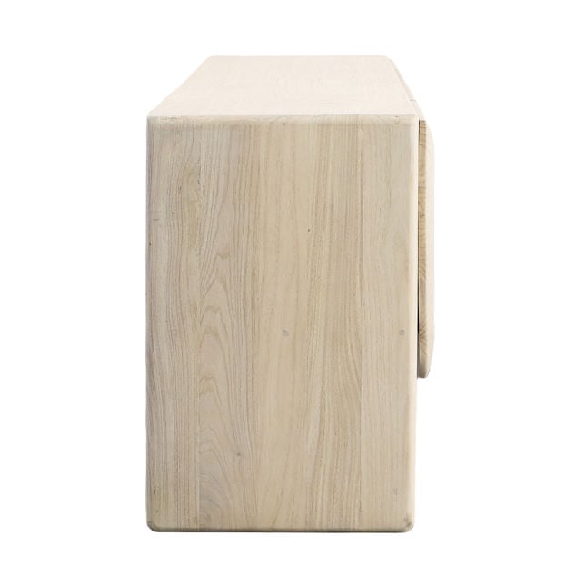 Side profile view showcasing the deep storage capacity and the clean vertical lines of the solid wood frame