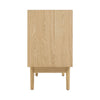 Side profile view showcasing the depth of the cabinet and the minimalist tapered wooden leg base